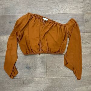 NWOT L’Academie Women's Brown Linen Long Sleeve Crop Top Size Small